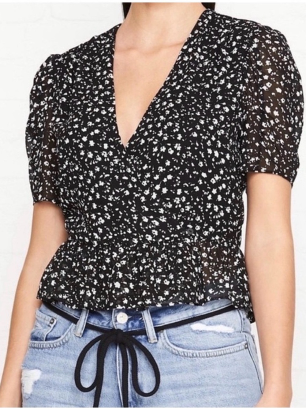 All Saints Ilia Pippa Floral Wrap Peplum Top Black Size 8